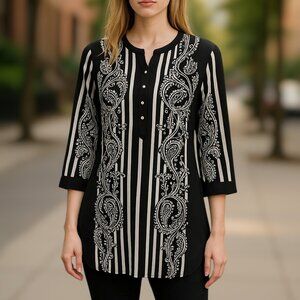 2 for/ $40 Nygard Half Button Up Black Paisley Striped Tunic Size Small
